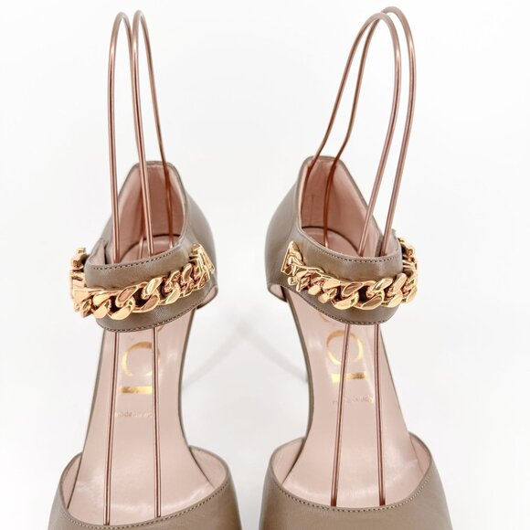 Gucci Sylvie Chain d'Orsay Pumps EU 40 US 10 Tan Leather High Heel Taupe Pointed - Picture 4 of 14